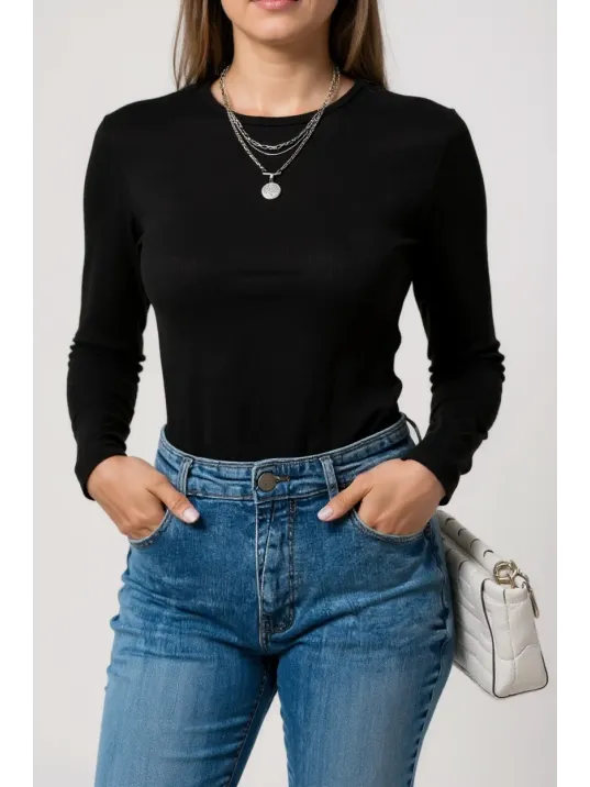 Kadın Siyah Uzun Kollu Fit Basic Crop Top Bluz