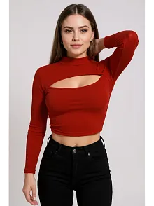 Kadın Kırmızı Göğüs Dekolteli Uzun Kollu Cut Out Crop Top Bluz – Şık, Rahat Ve Kolay Kombinlenebilir
