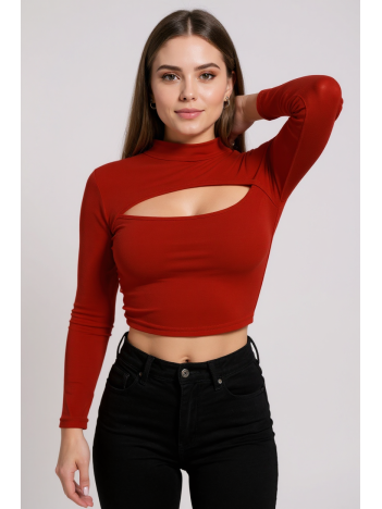 Kadın Kırmızı Göğüs Dekolteli Uzun Kollu Cut Out Crop Top Bluz – Şık, Rahat Ve Kolay Kombinlenebilir