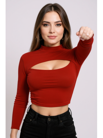 Kadın Kırmızı Göğüs Dekolteli Uzun Kollu Cut Out Crop Top Bluz – Şık, Rahat ve Kolay Kombinlenebilir