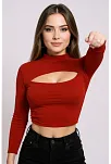 Kadın Kırmızı Göğüs Dekolteli Uzun Kollu Cut Out Crop Top Bluz – Şık, Rahat Ve Kolay Kombinlenebilir