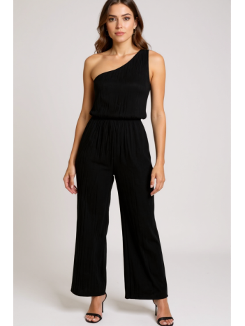 Kadın Siyah Tek Omuzlu Şık Bluz & Geniş Paça Pantolon İkili Takım – Modern, Konforlu ve Günlük Kombinlere Uygun