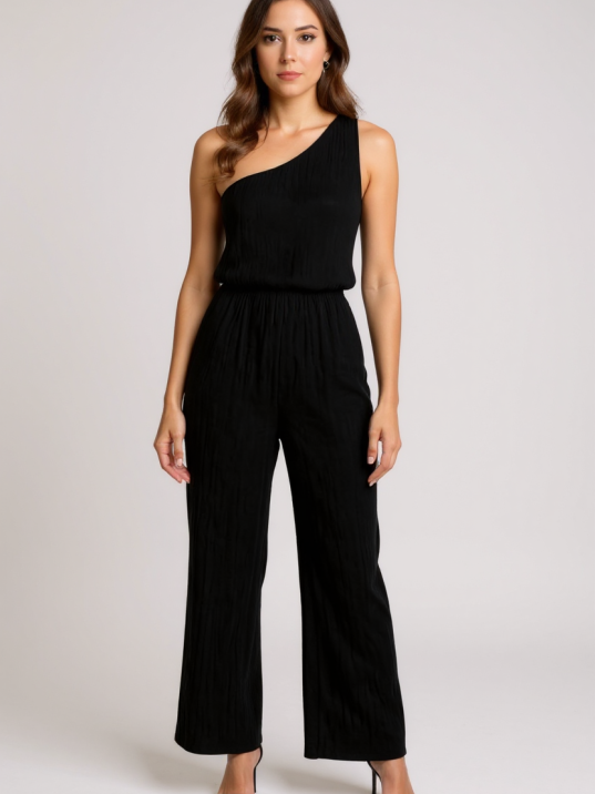 Kadın Siyah Tek Omuzlu Şık Bluz & Geniş Paça Pantolon İkili Takım – Modern, Konforlu ve Günlük Kombinlere Uygun