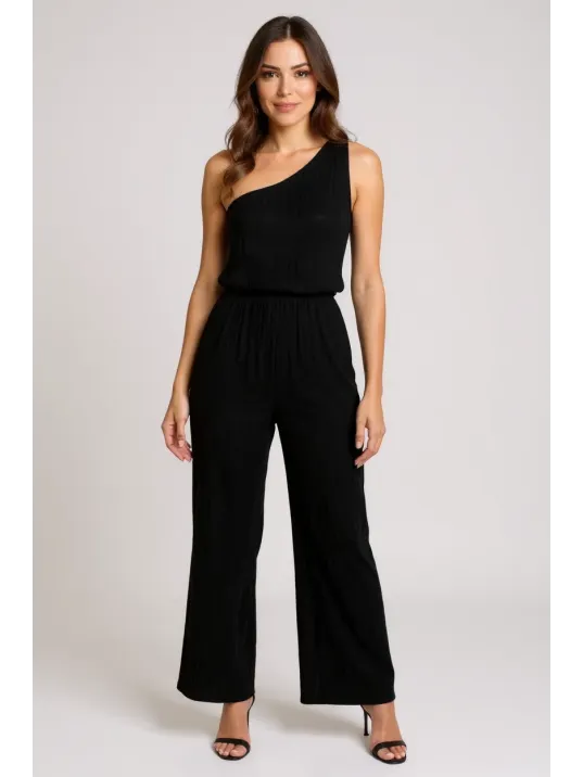 Kadın Siyah Tek Omuzlu Şık Bluz & Geniş Paça Pantolon İkili Takım – Modern, Konforlu Ve Günlük Kombinlere Uygun