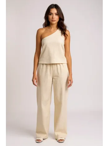 Kadın Beyaz Tek Omuzlu Şık Bluz & Geniş Paça Pantolon İkili Takım Kadın Beyaz Tek Omuzlu Şık Bluz & Geniş Paça Pantolon İkili Takım