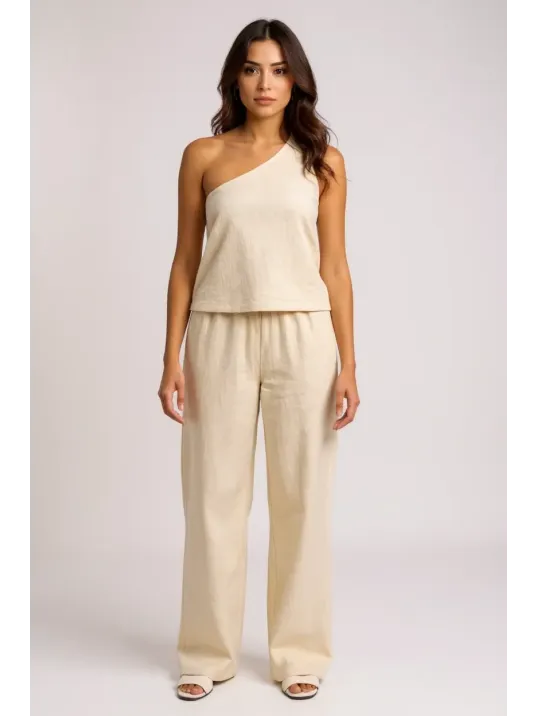 Kadın Beyaz Tek Omuzlu Şık Bluz & Geniş Paça Pantolon İkili Takım