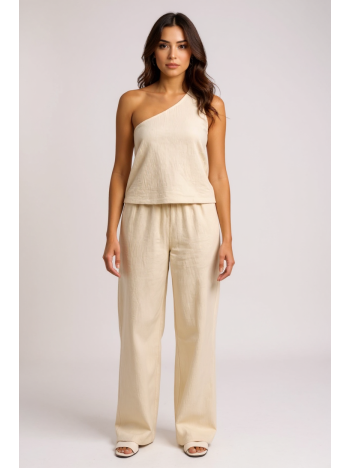 Kadın Beyaz Tek Omuzlu Şık Bluz & Geniş Paça Pantolon İkili Takım Kadın Beyaz Tek Omuzlu Şık Bluz & Geniş Paça Pantolon İkili Takım