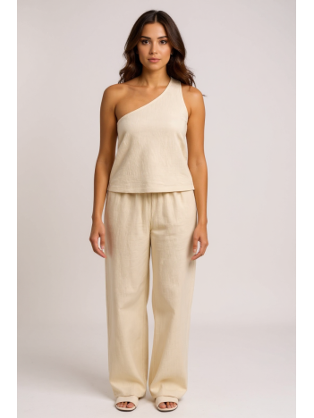 Kadın Beyaz Tek Omuzlu Şık Bluz & Geniş Paça Pantolon İkili Takım