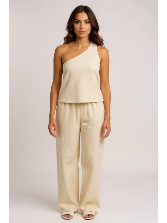 Kadın Beyaz Tek Omuzlu Şık Bluz & Geniş Paça Pantolon İkili Takım