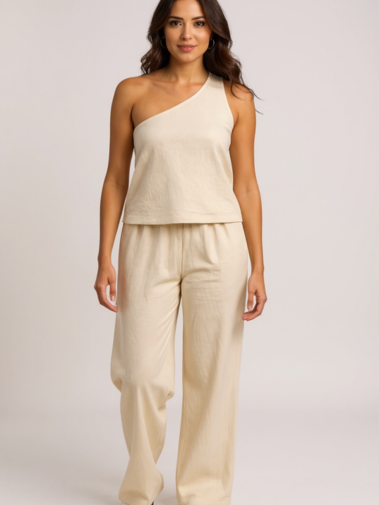 Kadın Beyaz Tek Omuzlu Şık Bluz & Geniş Paça Pantolon İkili Takım