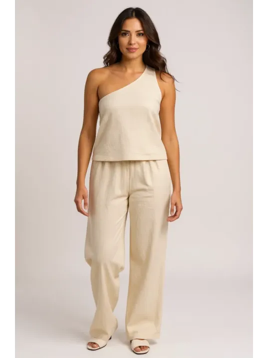Kadın Beyaz Tek Omuzlu Şık Bluz & Geniş Paça Pantolon İkili Takım