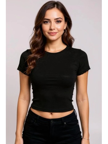 Kadın Siyah Göğsü ve Kolları Dantelli Fiyonklu Kısa Kol Crop Top Bluz – Şık, Rahat ve Kolay Kombinlenebilir