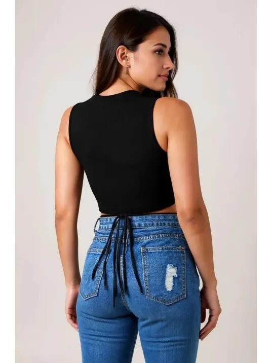 Kadın Siyah Çapraz Bağlamalı Crop Top Büstiyer – Modern Ve Şık Tasarım