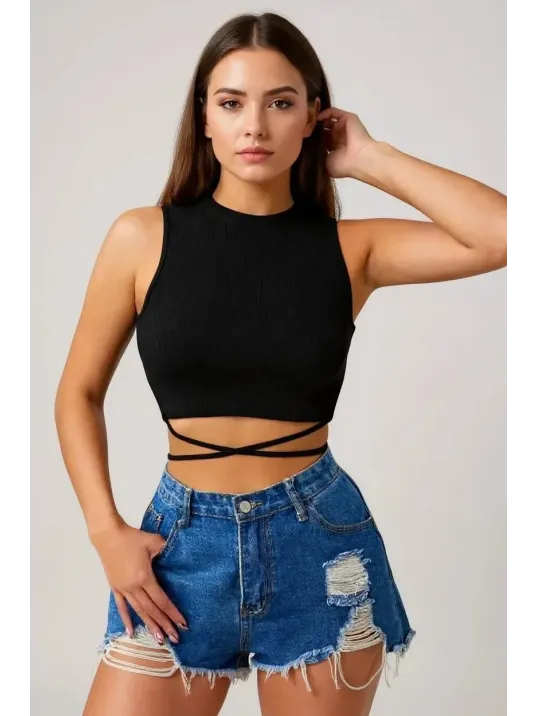 Kadın Siyah Çapraz Bağlamalı Crop Top Büstiyer – Modern Ve Şık Tasarım