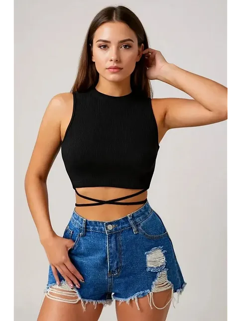 Kadın Siyah Çapraz Bağlamalı Crop Top Büstiyer – Modern Ve Şık Tasarım