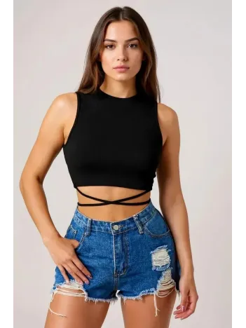 Kadın Siyah Çapraz Bağlamalı Crop Top Büstiyer – Modern Ve Şık Tasarım