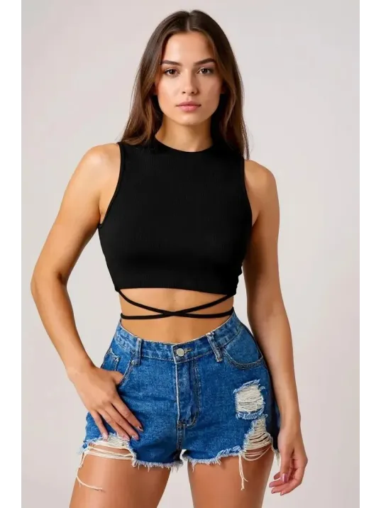 Kadın Siyah Çapraz Bağlamalı Crop Top Büstiyer – Modern Ve Şık Tasarım