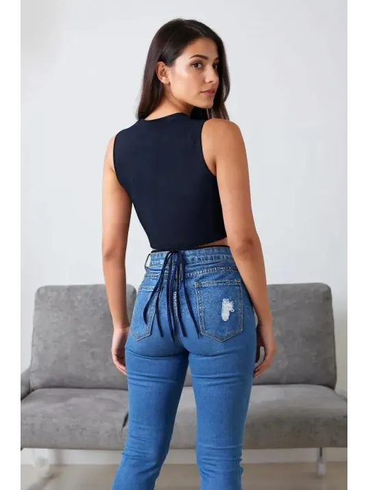 Kadın Lacivert Çapraz Bağlamalı Crop Top Büstiyer – Modern Ve Şık Tasarım