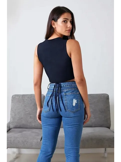 Kadın Lacivert Çapraz Bağlamalı Crop Top Büstiyer – Modern Ve Şık Tasarım