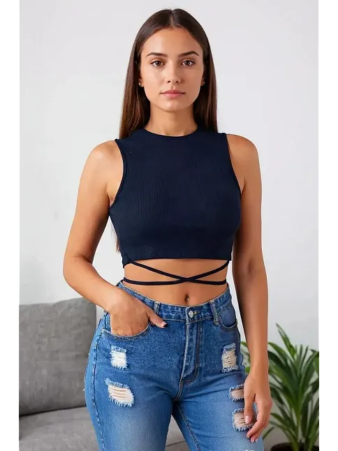 Kadın Lacivert Çapraz Bağlamalı Crop Top Büstiyer – Modern Ve Şık Tasarım