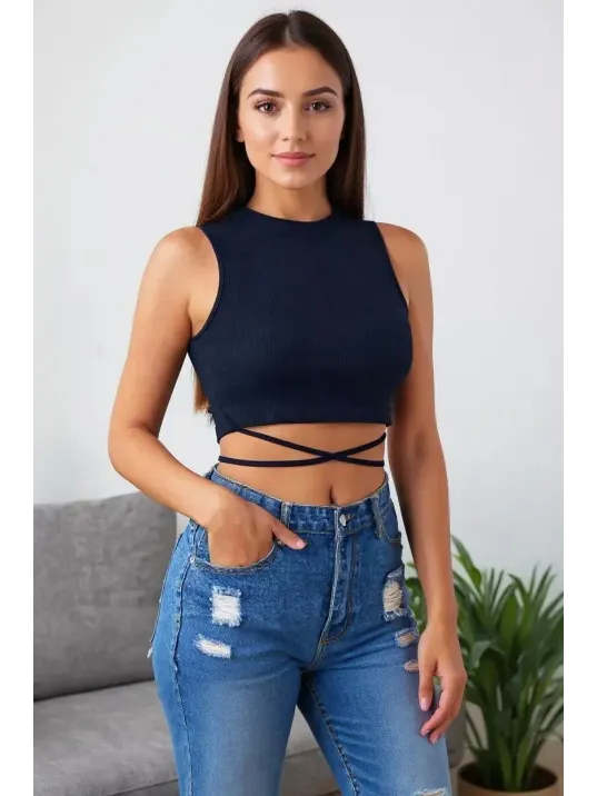 Kadın Lacivert Çapraz Bağlamalı Crop Top Büstiyer – Modern Ve Şık Tasarım