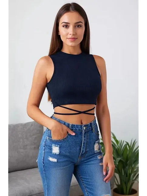 Kadın Lacivert Çapraz Bağlamalı Crop Top Büstiyer – Modern Ve Şık Tasarım