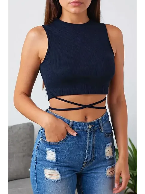 Kadın Lacivert Çapraz Bağlamalı Crop Top Büstiyer – Modern Ve Şık Tasarım