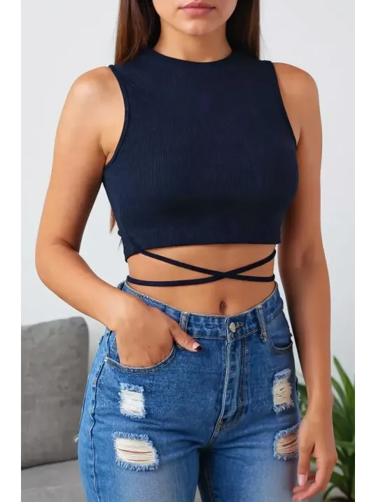 Kadın Lacivert Çapraz Bağlamalı Crop Top Büstiyer – Modern Ve Şık Tasarım