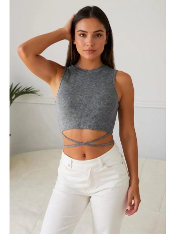 Kadın Gri Çapraz Bağlamalı Crop Top Büstiyer – Modern ve Şık Tasarım