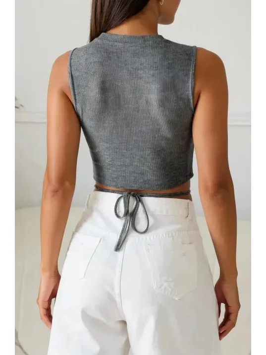 Kadın Gri Çapraz Bağlamalı Crop Top Büstiyer – Modern Ve Şık Tasarım