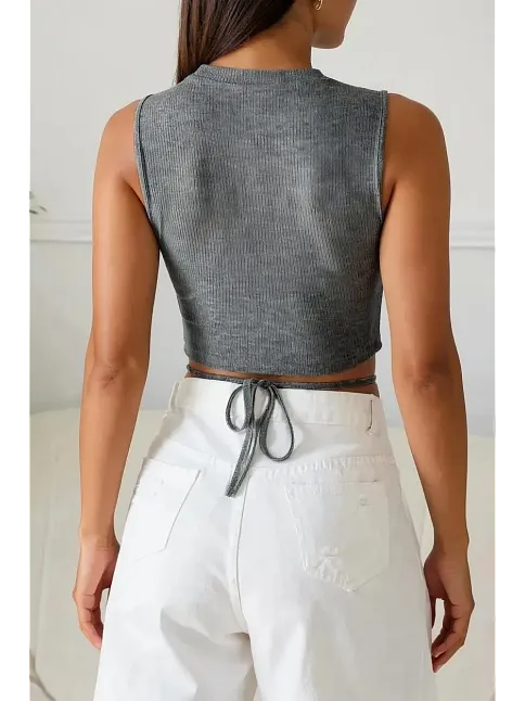 Kadın Gri Çapraz Bağlamalı Crop Top Büstiyer – Modern Ve Şık Tasarım