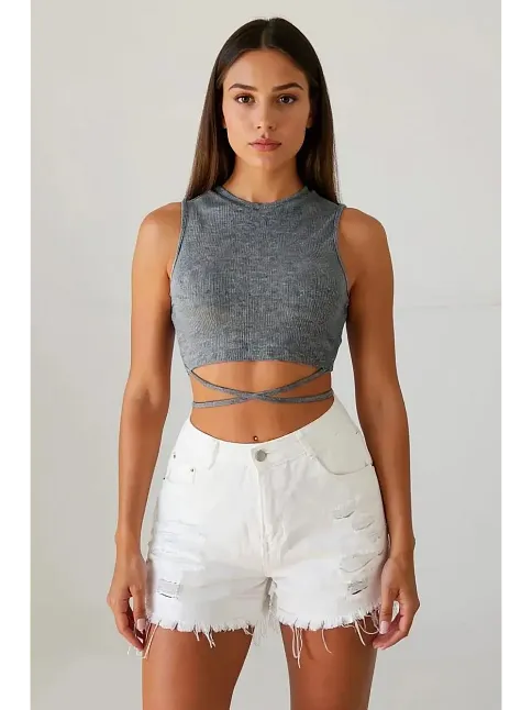 Kadın Gri Çapraz Bağlamalı Crop Top Büstiyer – Modern Ve Şık Tasarım