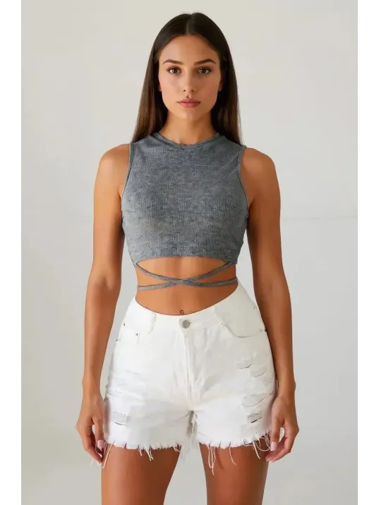 Kadın Gri Çapraz Bağlamalı Crop Top Büstiyer – Modern Ve Şık Tasarım