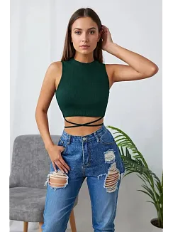 Kadın Yeşil Çapraz Bağlamalı Crop Top Büstiyer – Modern Ve Şık Tasarım