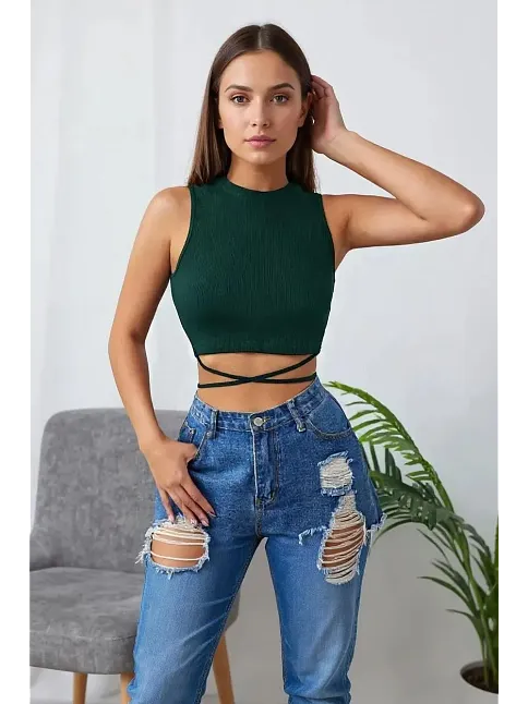 Kadın Yeşil Çapraz Bağlamalı Crop Top Büstiyer – Modern Ve Şık Tasarım