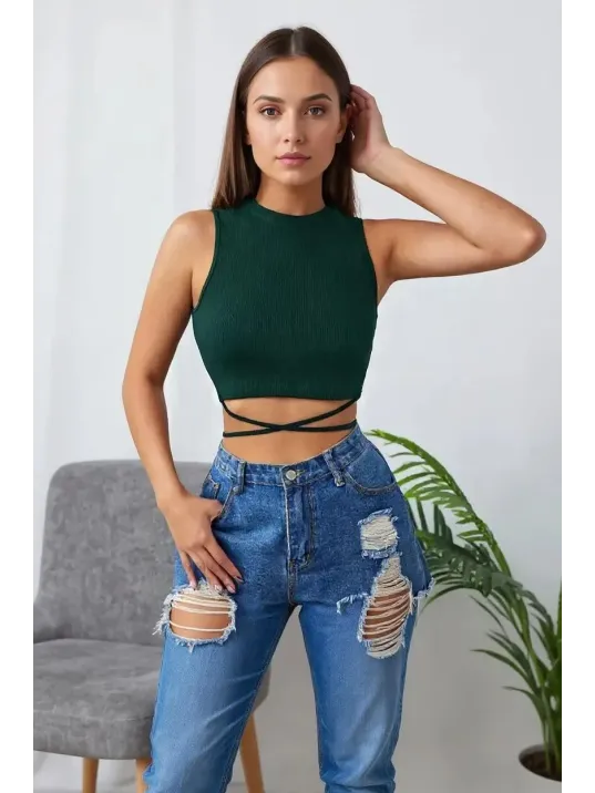 Kadın Yeşil Çapraz Bağlamalı Crop Top Büstiyer – Modern Ve Şık Tasarım