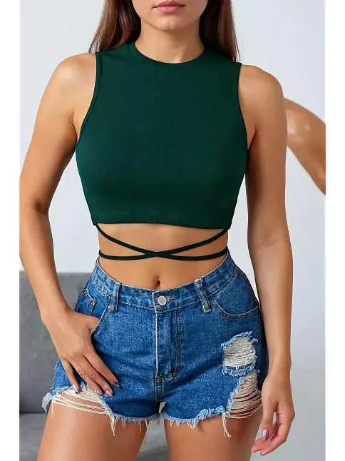 Kadın Yeşil Çapraz Bağlamalı Crop Top Büstiyer – Modern Ve Şık Tasarım