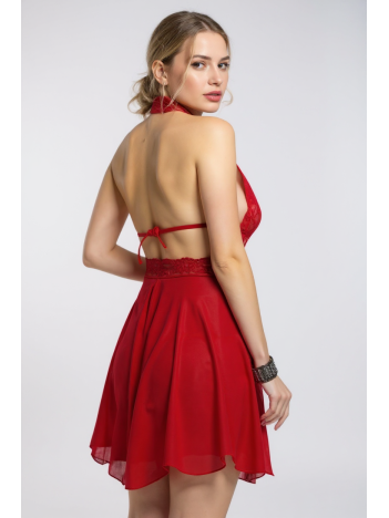 Kadın Kırmızı Çapraz Bağlı Kısa Tül Dantel Gecelik – Modern Ve Şık Tasarım