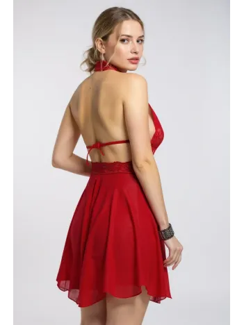 Kadın Kırmızı Çapraz Bağlı Kısa Tül Dantel Gecelik – Modern Ve Şık Tasarım