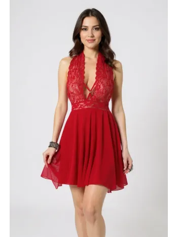 Kadın Kırmızı Çapraz Bağlı Kısa Tül Dantel Gecelik – Modern Ve Şık Tasarım