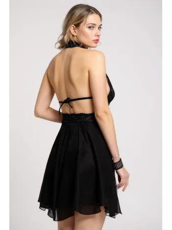 Kadın Siyah Çapraz Bağlı Kısa Tül Dantel Gecelik – Modern Ve Şık Tasarım