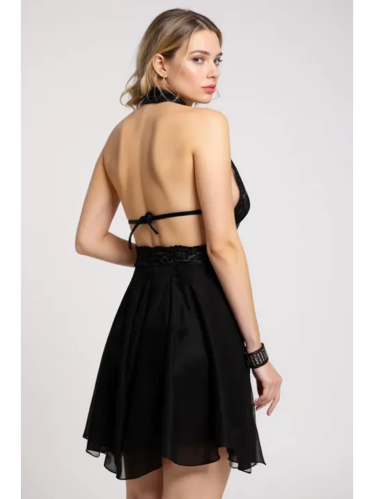 Kadın Siyah Çapraz Bağlı Kısa Tül Dantel Gecelik – Modern Ve Şık Tasarım