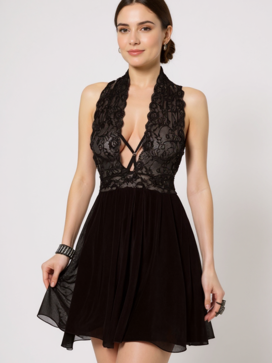 Kadın Siyah Çapraz Bağlı Kısa Tül Dantel Gecelik – Modern Ve Şık Tasarım