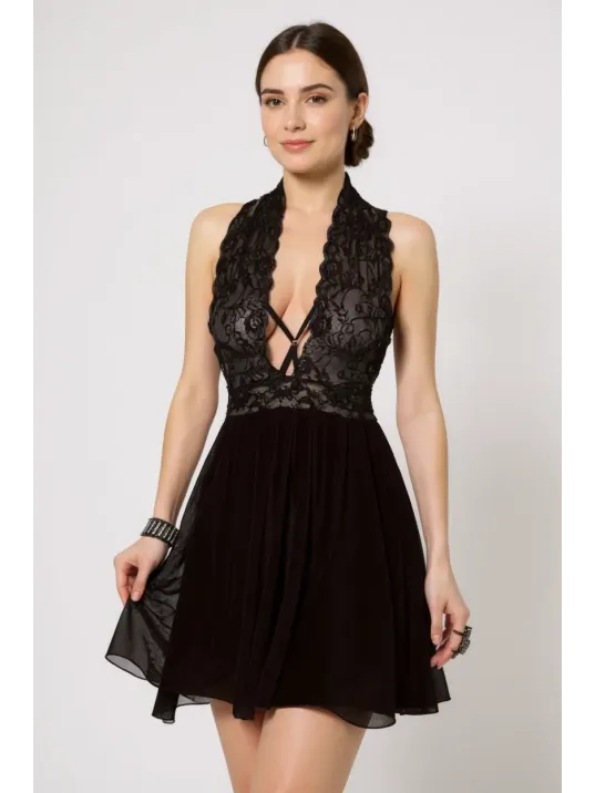 Kadın Siyah Çapraz Bağlı Kısa Tül Dantel Gecelik – Modern Ve Şık Tasarım