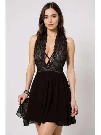Kadın Siyah Çapraz Bağlı Kısa Tül Dantel Gecelik – Modern Ve Şık Tasarım