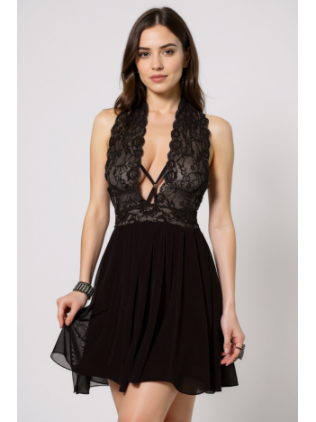 Kadın Siyah Çapraz Bağlı Kısa Tül Dantel Gecelik – Modern Ve Şık Tasarım