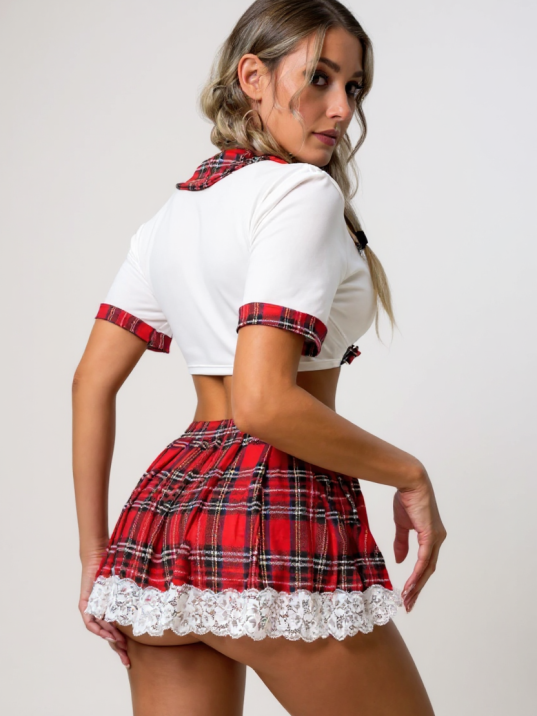 Kadın Beyaz Dantelli Ekoseli Etek Ve Büstiyerli Tanga Külotlu Liseli Kostümü – Modern Ve Şık Tasarım