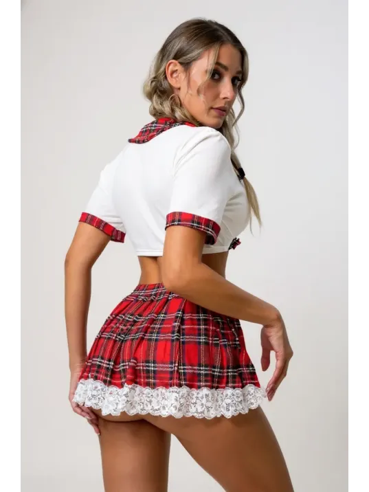 Kadın Beyaz Dantelli Ekoseli Etek Ve Büstiyerli Tanga Külotlu Liseli Kostümü – Modern Ve Şık Tasarım