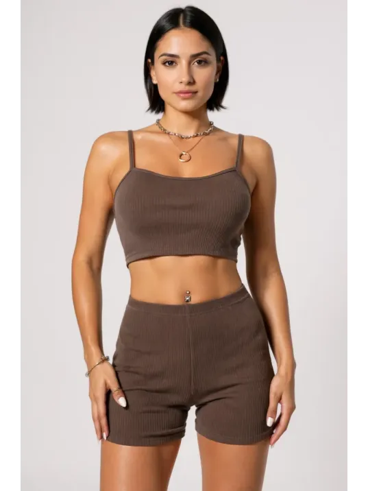 Kadın Kahverengi Şortlu Kaşkorse Gecelik Takım – Modern, Konforlu Ve Günlük Kombinlere Uygun