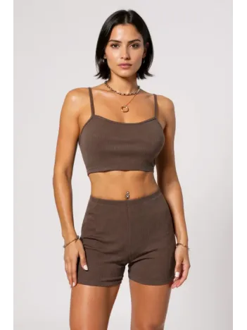 Kadın Kahverengi Şortlu Kaşkorse Gecelik Takım – Modern, Konforlu Ve Günlük Kombinlere Uygun